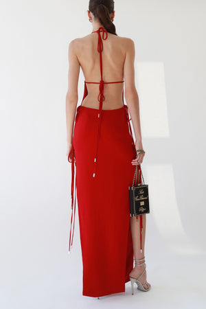 Red Halter Tie-Side Slit Maxi Dress