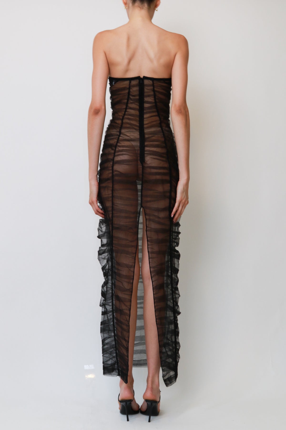 Black Sheer Striped Tulle Strapless Column Gown