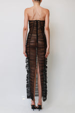 Black Sheer Striped Tulle Strapless Column Gown