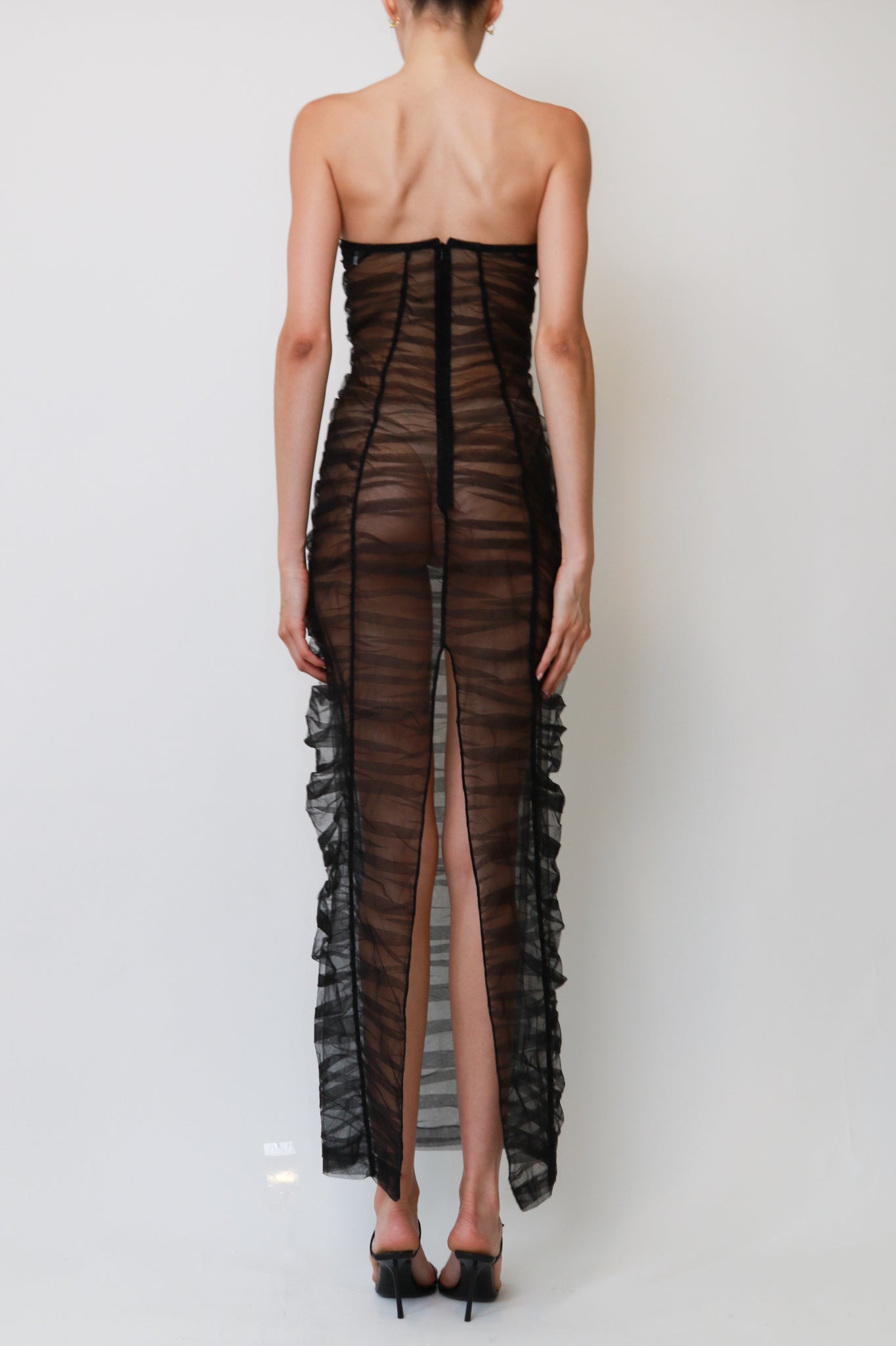 Black Sheer Striped Tulle Strapless Column Gown