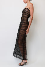 Black Sheer Striped Tulle Strapless Column Gown