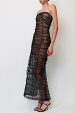 Black Sheer Striped Tulle Strapless Column Gown