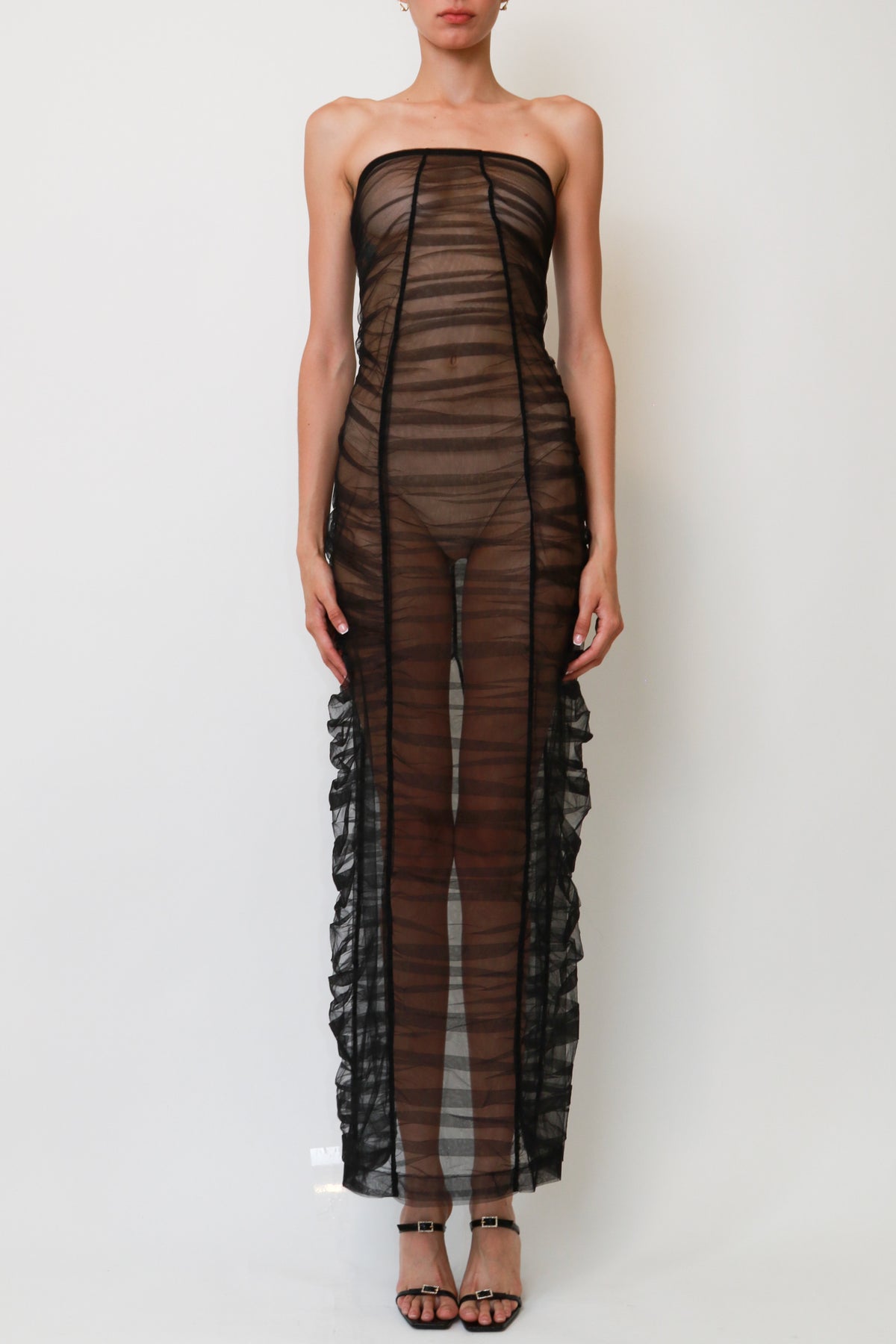 Black Sheer Striped Tulle Strapless Column Gown