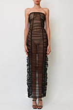 Black Sheer Striped Tulle Strapless Column Gown