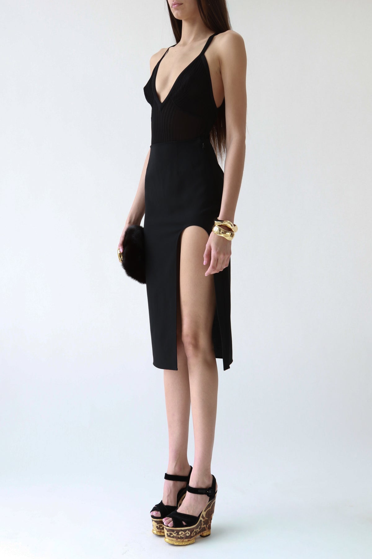 Black High-Slit Midi Skirt