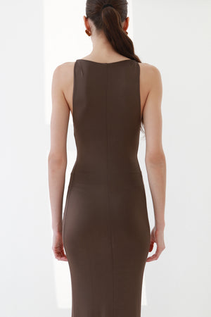 Vintage Brown Plunging Jersey Maxi Dress with Gold Snake Ring