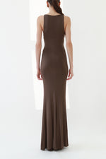 Vintage Brown Plunging Jersey Maxi Dress with Gold Snake Ring