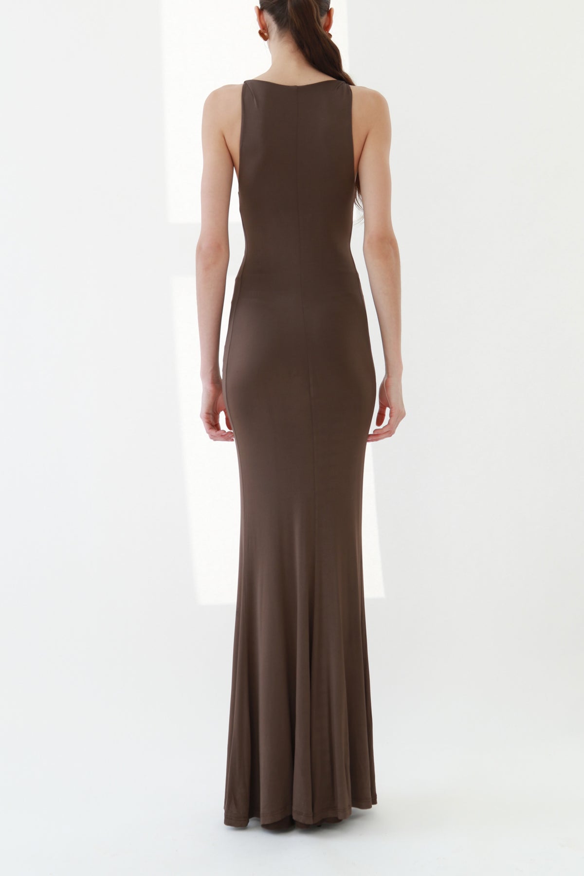 Vintage Brown Plunging Jersey Maxi Dress with Gold Snake Ring