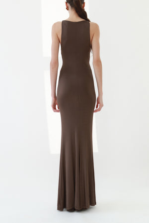 Vintage Brown Plunging Jersey Maxi Dress with Gold Snake Ring
