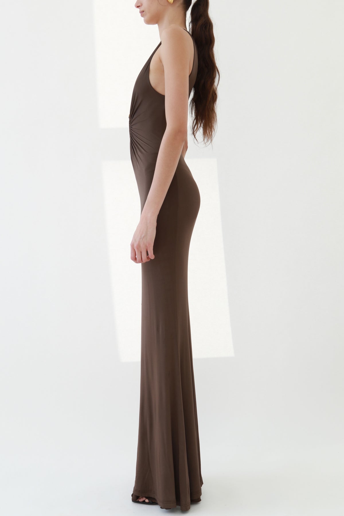 Vintage Brown Plunging Jersey Maxi Dress with Gold Snake Ring