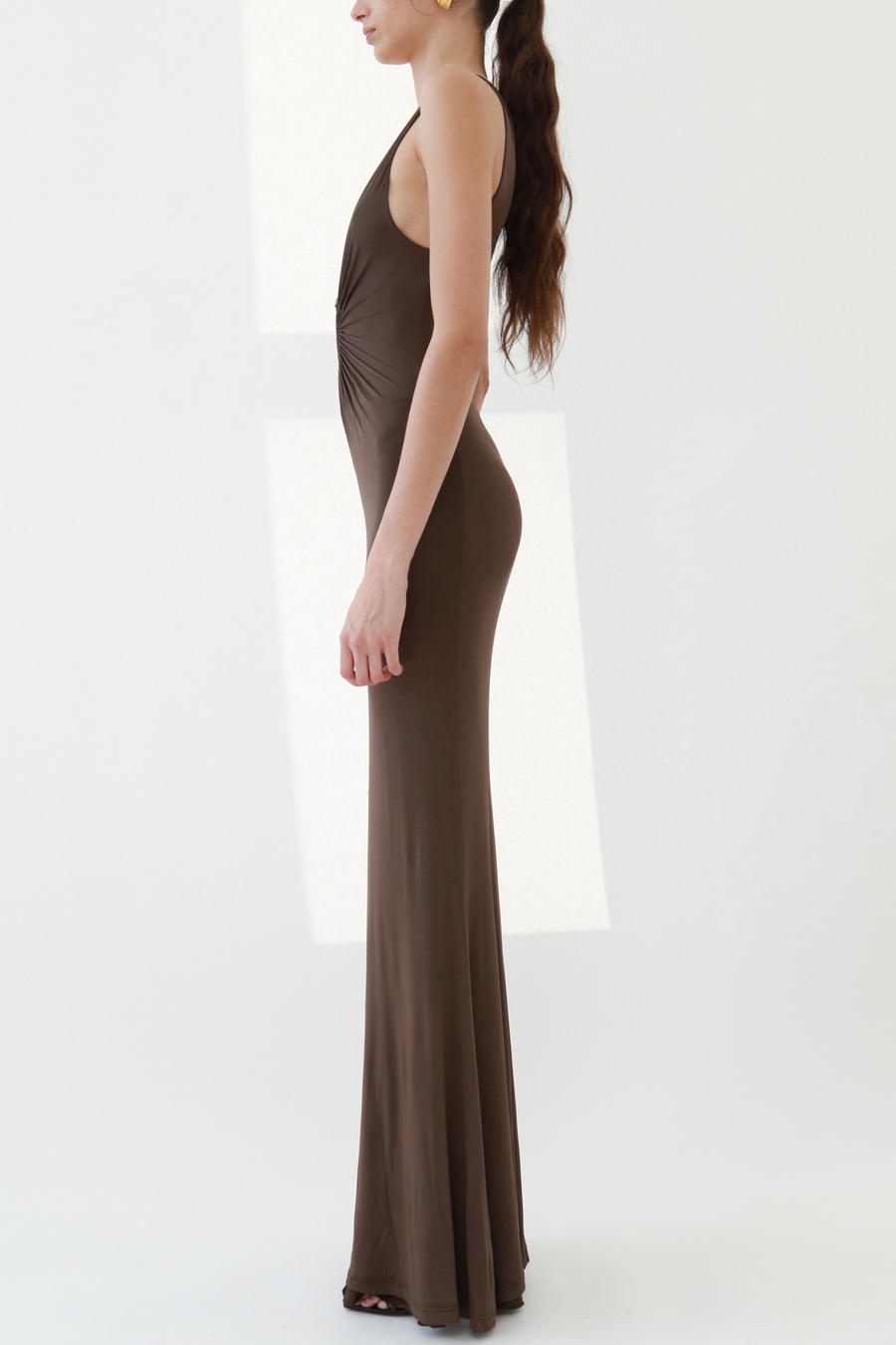 Vintage Brown Plunging Jersey Maxi Dress with Gold Snake Ring