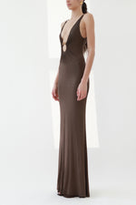 Vintage Brown Plunging Jersey Maxi Dress with Gold Snake Ring