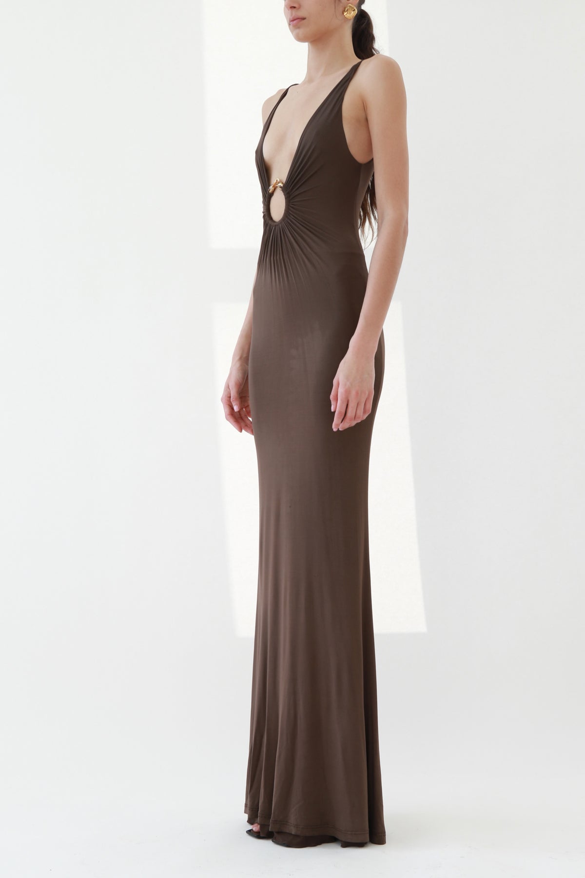 Vintage Brown Plunging Jersey Maxi Dress with Gold Snake Ring