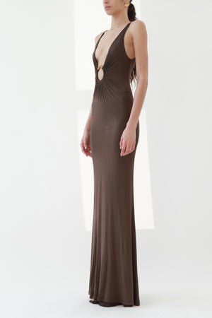 Vintage Brown Plunging Jersey Maxi Dress with Gold Snake Ring