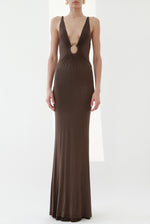 Vintage Brown Plunging Jersey Maxi Dress with Gold Snake Ring