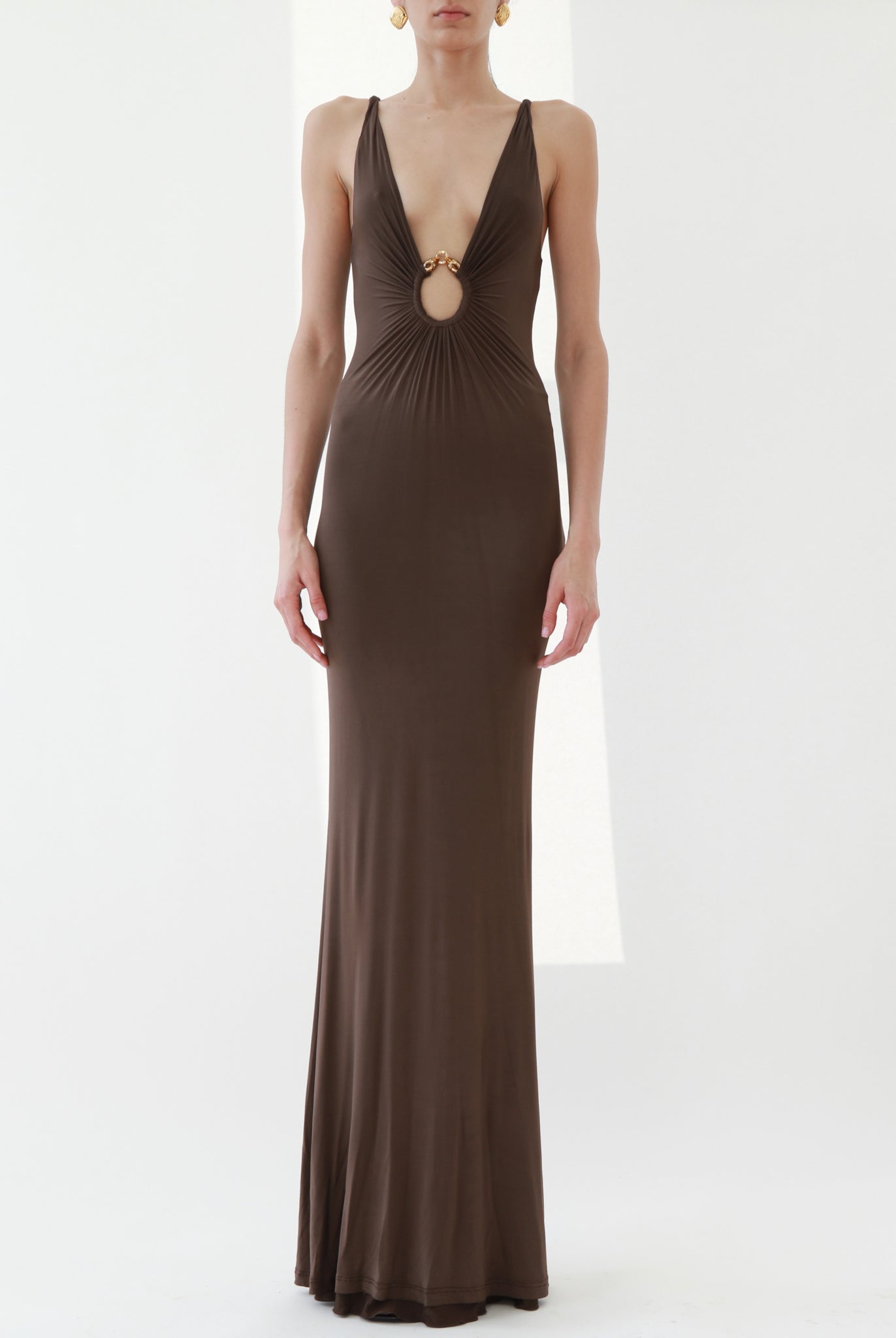 Vintage Brown Plunging Jersey Maxi Dress with Gold Snake Ring