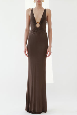 Vintage Brown Plunging Jersey Maxi Dress with Gold Snake Ring