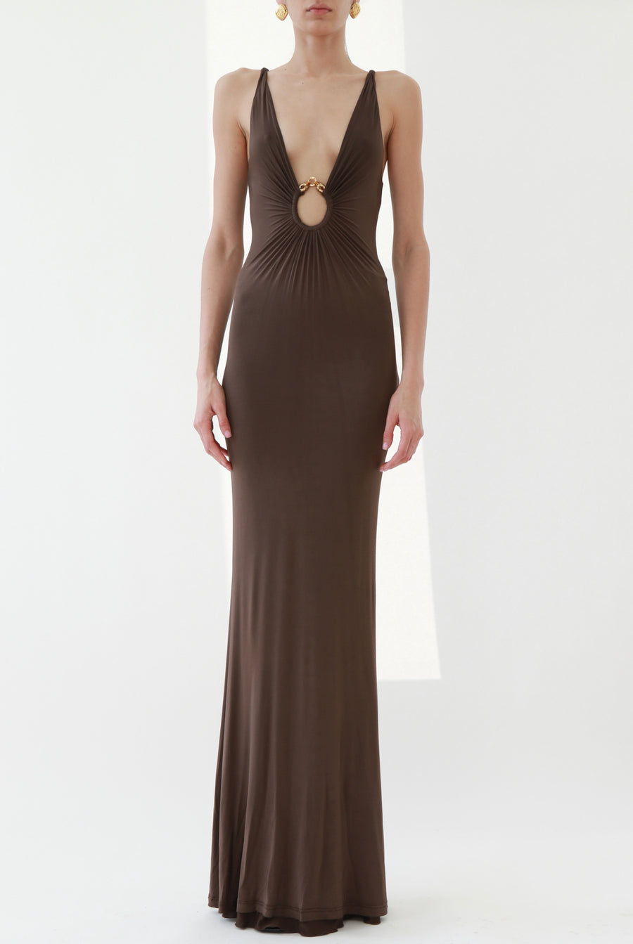 Vintage Brown Plunging Jersey Maxi Dress with Gold Snake Ring