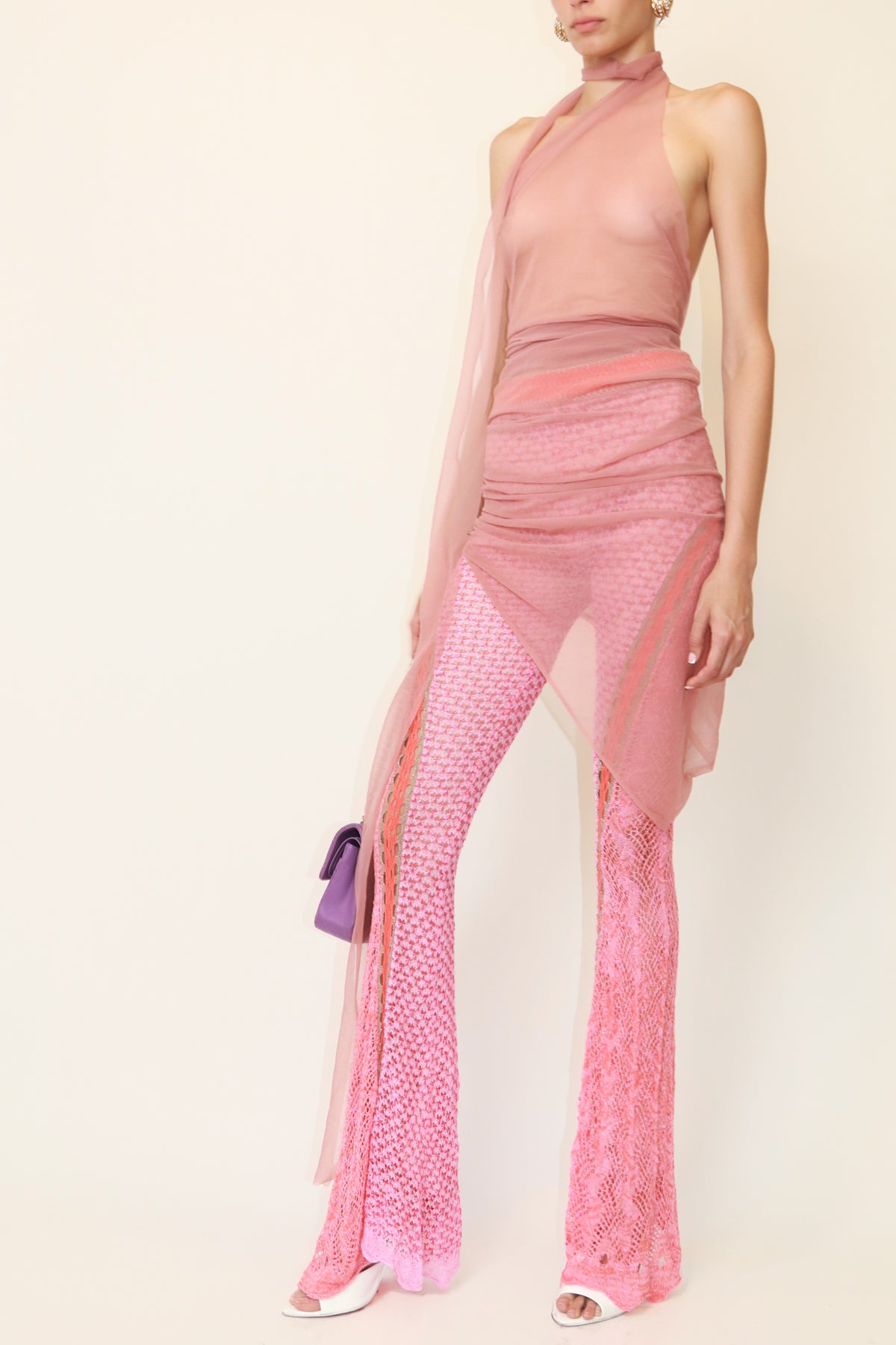 Pink Crochet Flare Pants with Sheer Wrap Overlay