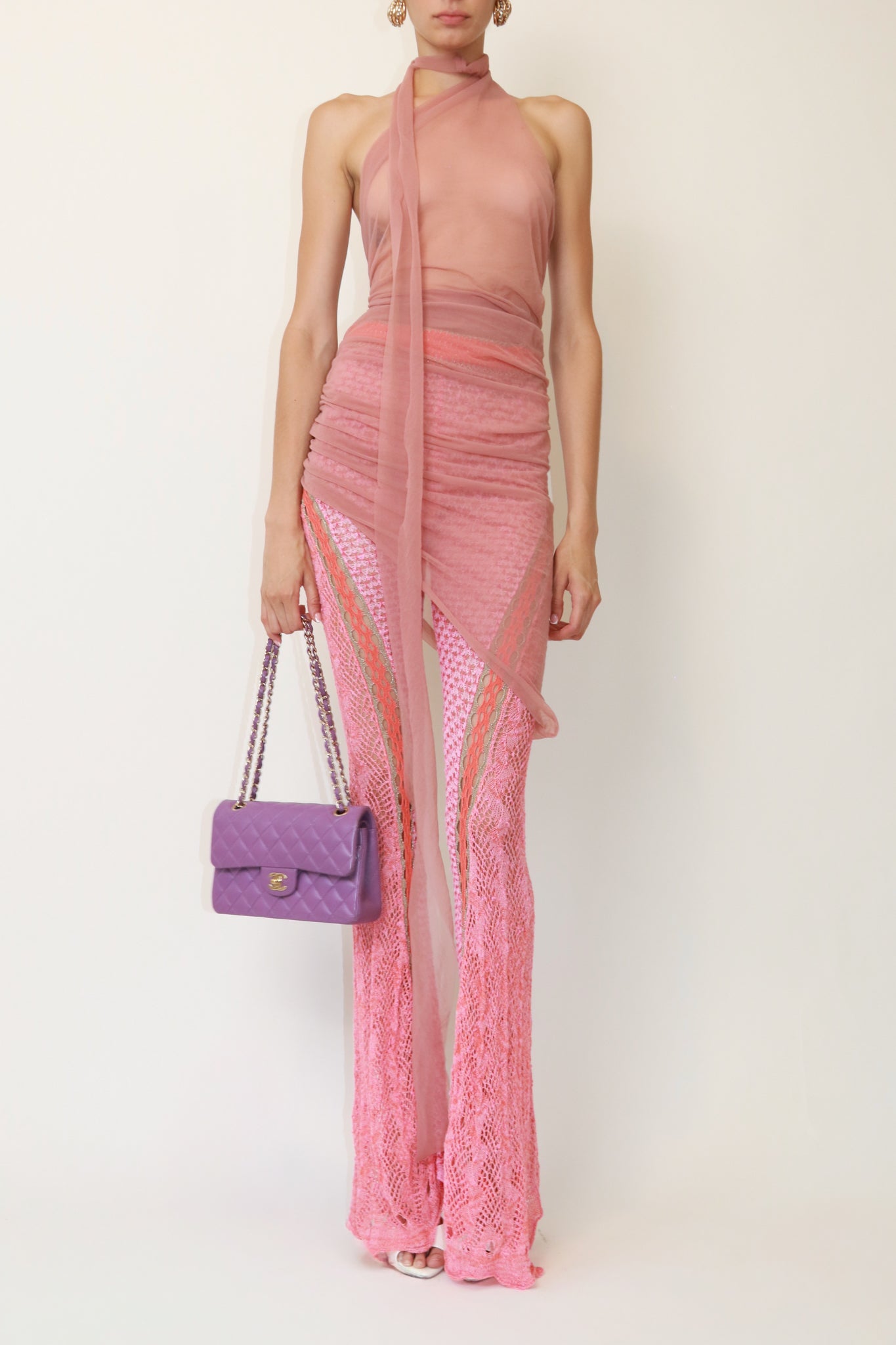 Pink Crochet Flare Pants with Sheer Wrap Overlay