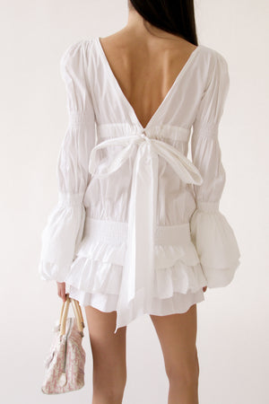 Runway White Cotton Ruffle Tie-Back Mini Dress