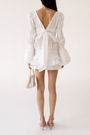 Runway White Cotton Ruffle Tie-Back Mini Dress