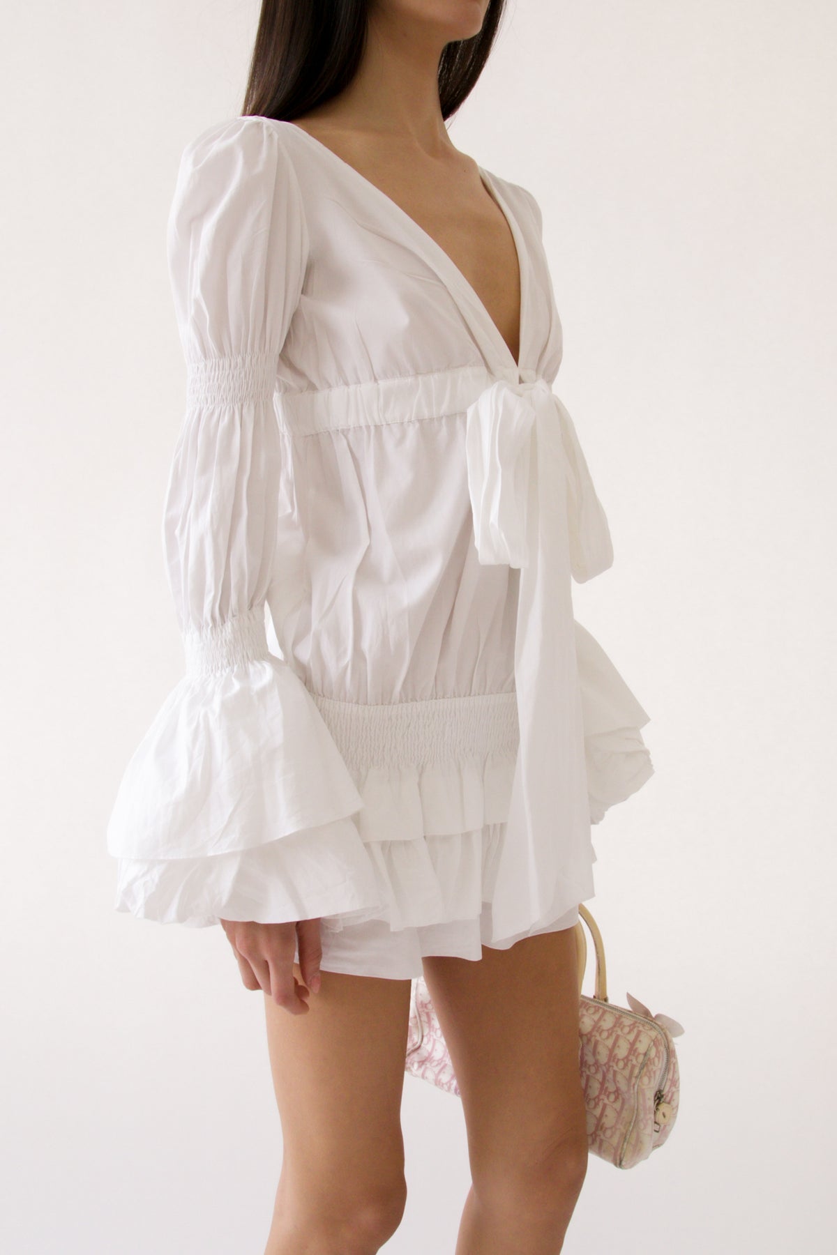 Runway White Cotton Ruffle Tie-Back Mini Dress