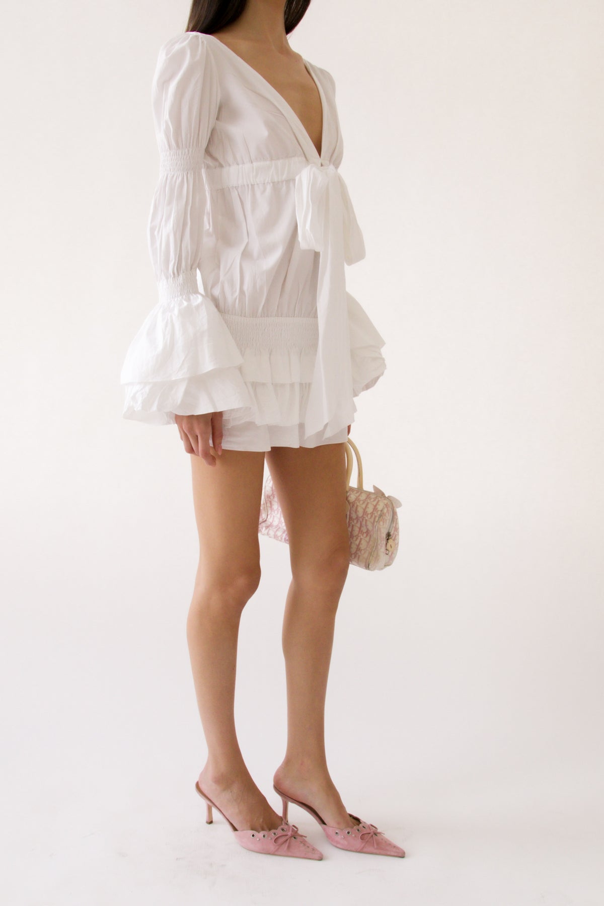 Runway White Cotton Ruffle Tie-Back Mini Dress