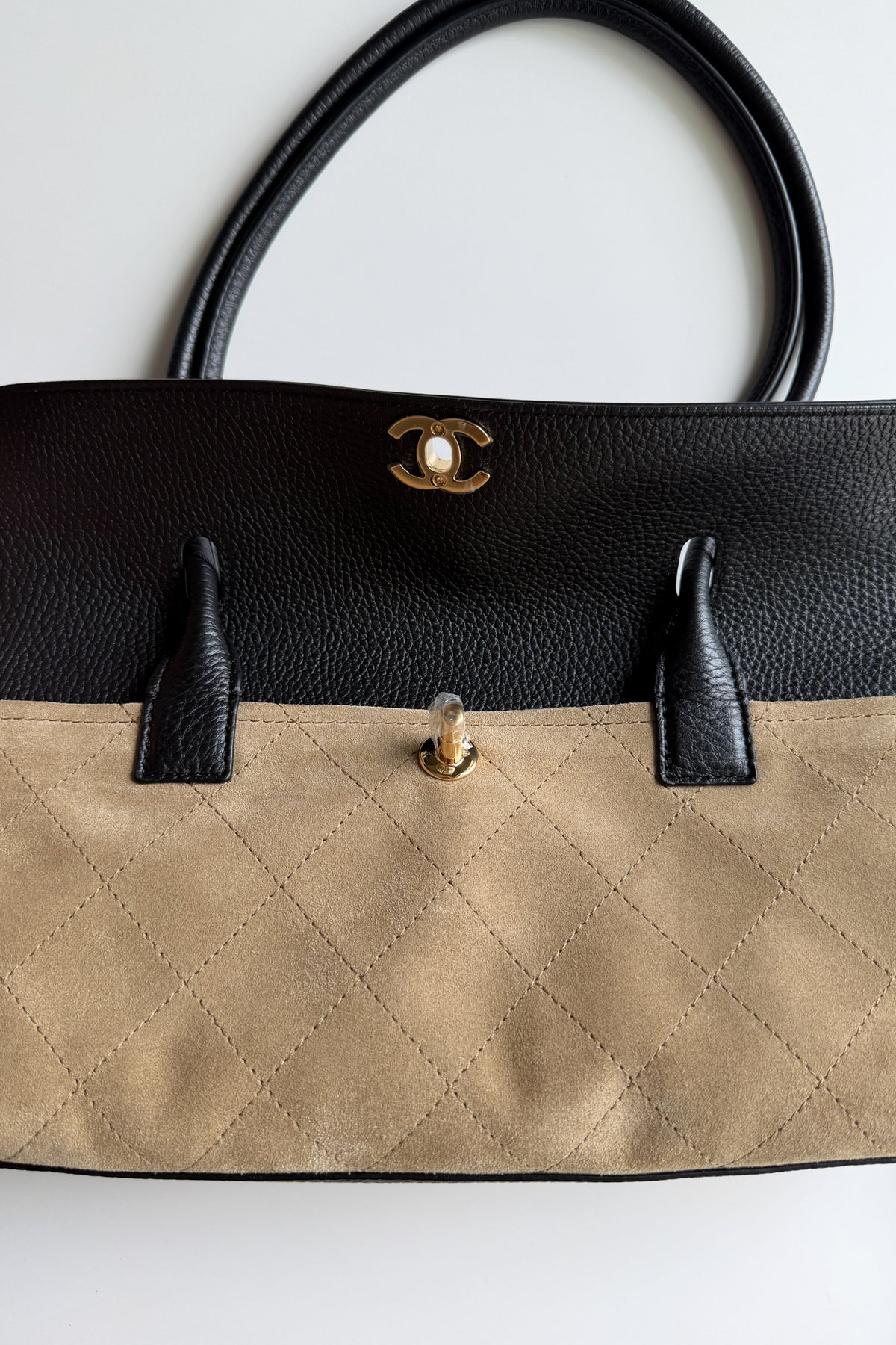 Chanel Small "Urban Essential" East West Dark Beige/Black Grained Calfskin Suede Shopping Tote