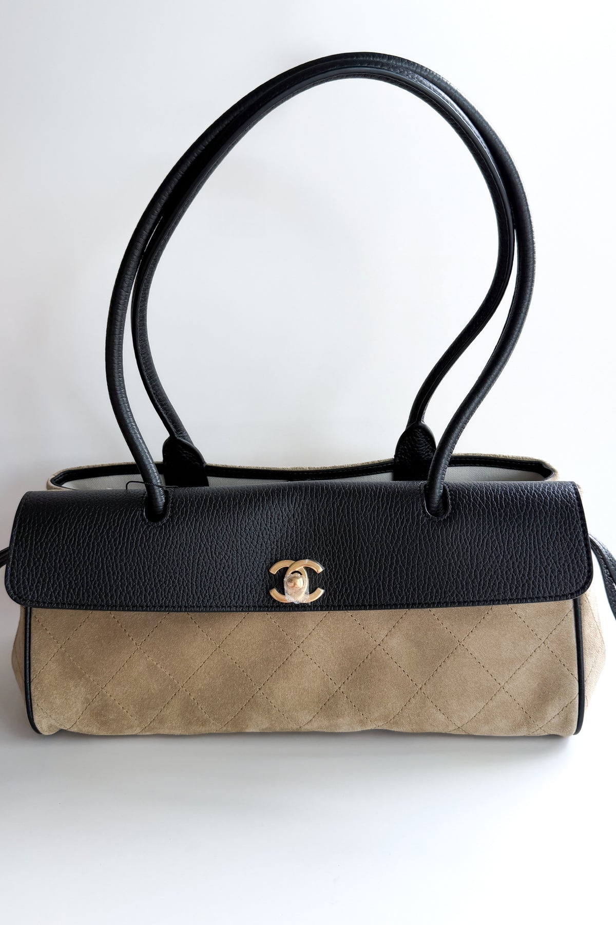 Chanel Small "Urban Essential" East West Dark Beige/Black Grained Calfskin Suede Shopping Tote