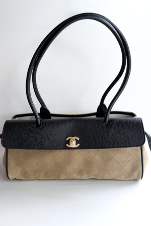 Chanel Small "Urban Essential" East West Dark Beige/Black Grained Calfskin Suede Shopping Tote