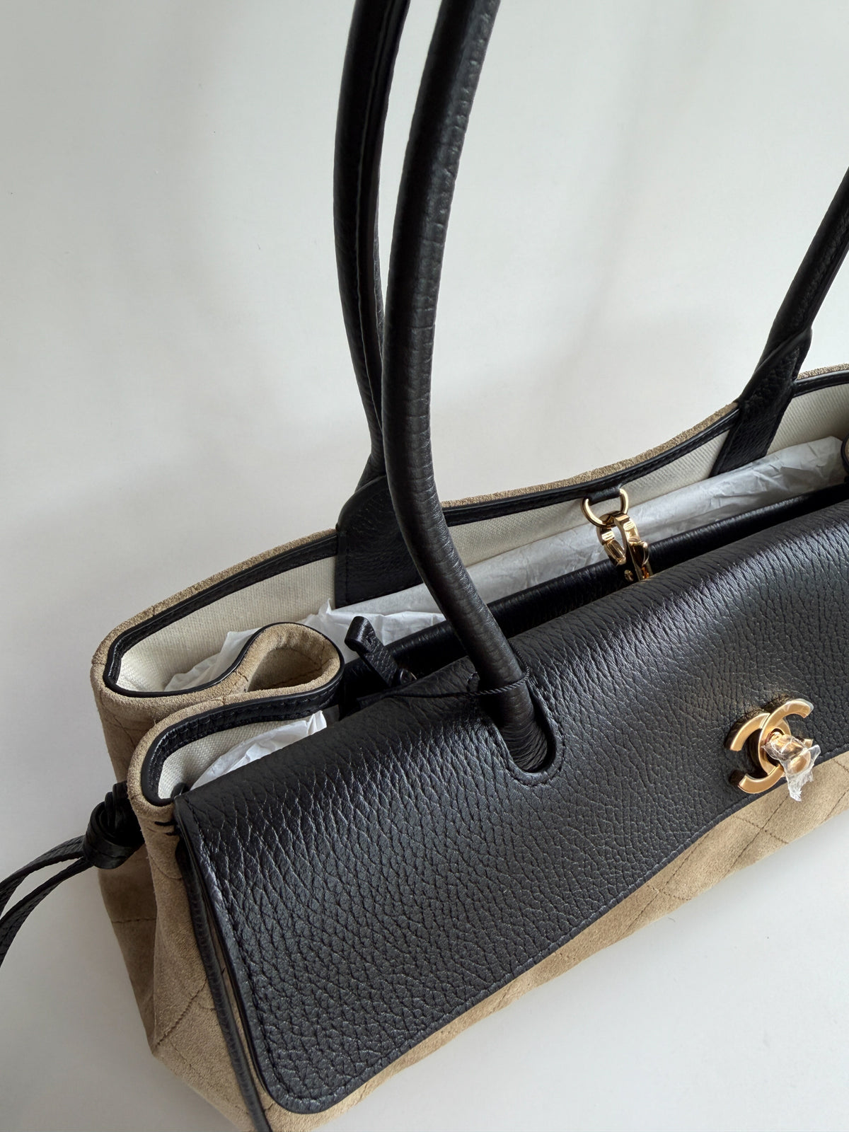 Chanel Small "Urban Essential" East West Dark Beige/Black Grained Calfskin Suede Shopping Tote