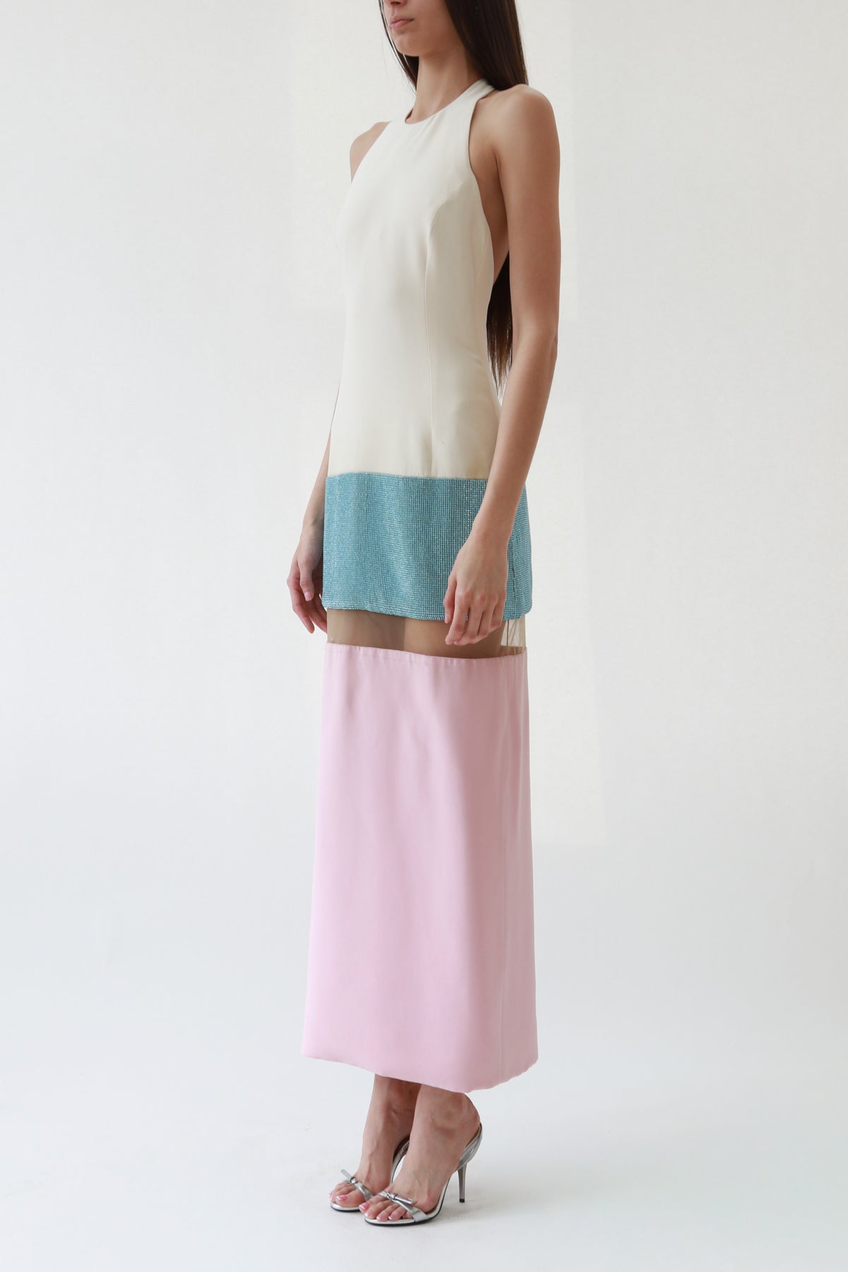 Vintage Versace SS15 Colorblock Paneled Rhinestone Evening Gown