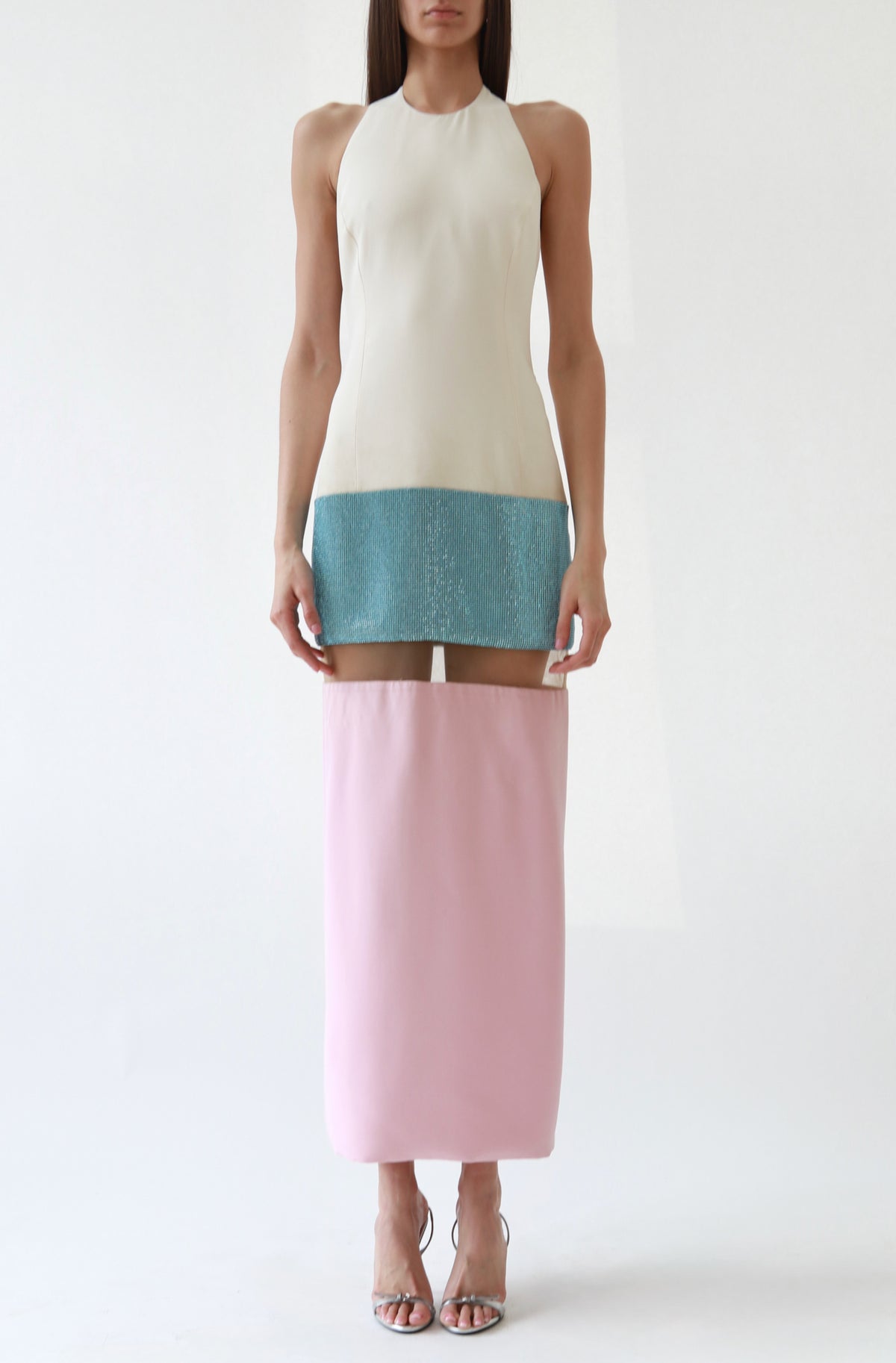 Vintage Versace SS15 Colorblock Paneled Rhinestone Evening Gown