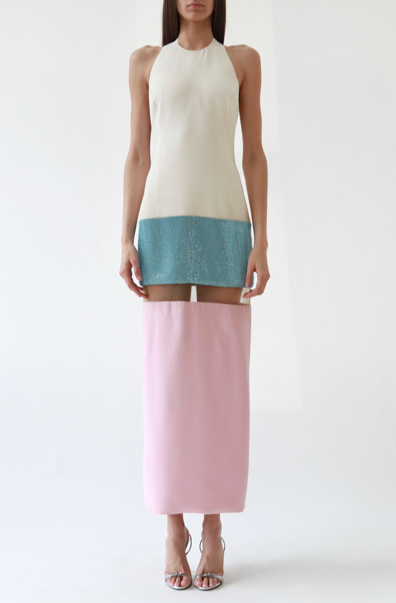 Vintage Versace SS15 Colorblock Paneled Rhinestone Evening Gown