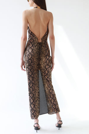 Black and Brown Python Embellished Evening Dress