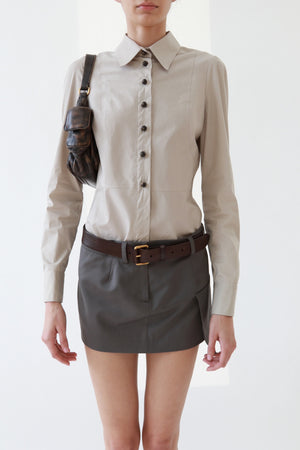 Vintage Taupe Pinstripe Fitted Button-Up Blouse