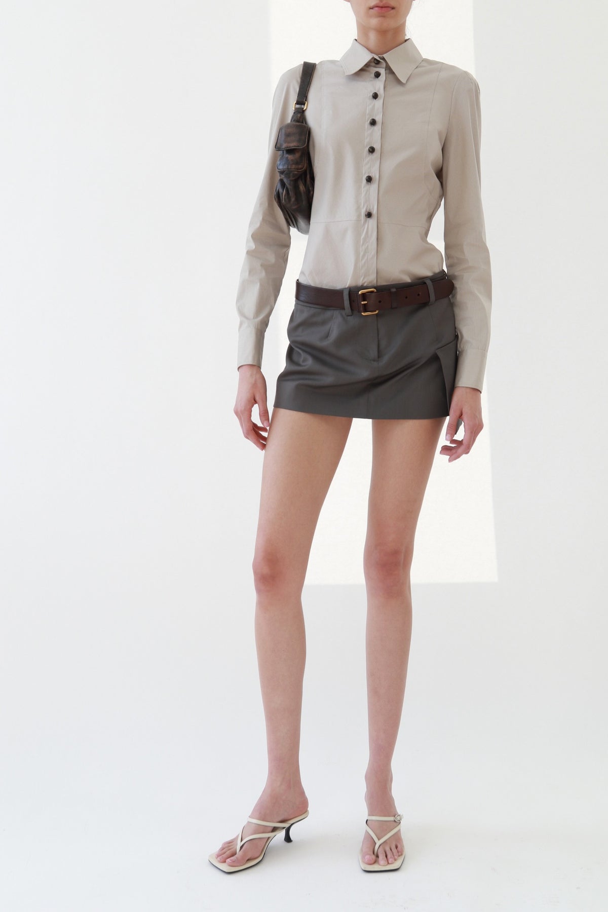 Vintage Taupe Pinstripe Fitted Button-Up Blouse