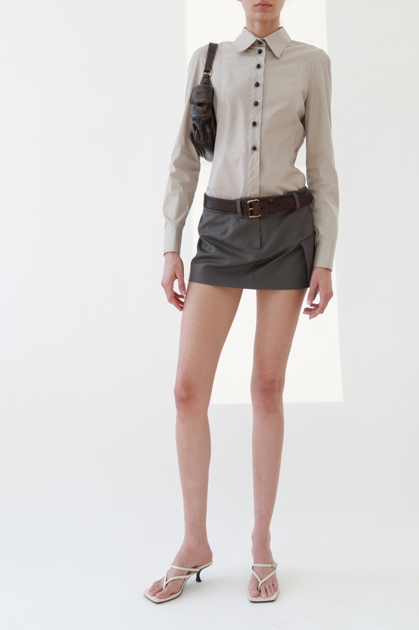 Vintage Taupe Pinstripe Fitted Button-Up Blouse