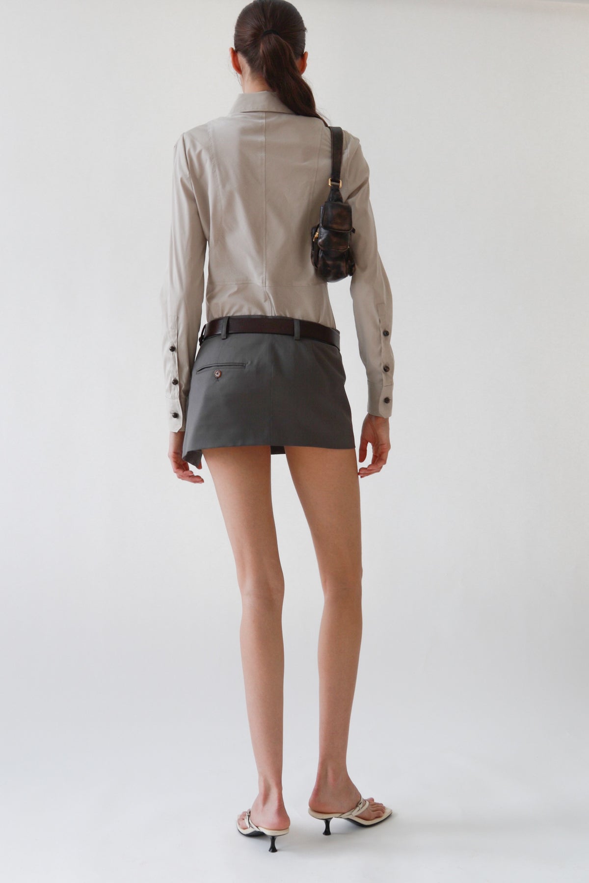 Vintage Taupe Pinstripe Fitted Button-Up Blouse